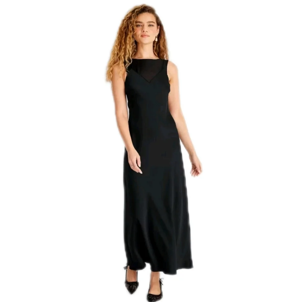 Future Collective Mixed Media Slip Dress Womens Medium Satin Sheer Mesh Maxi Y2K